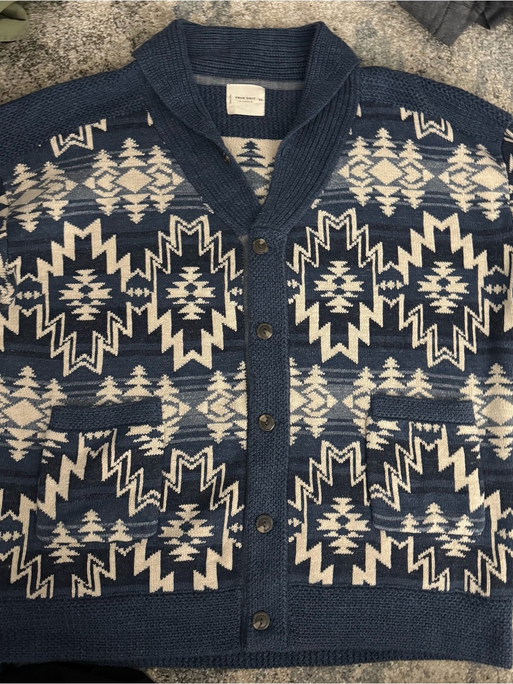 True Grit Navy and Cream Aztec Knit Shawl Collar Cardigan